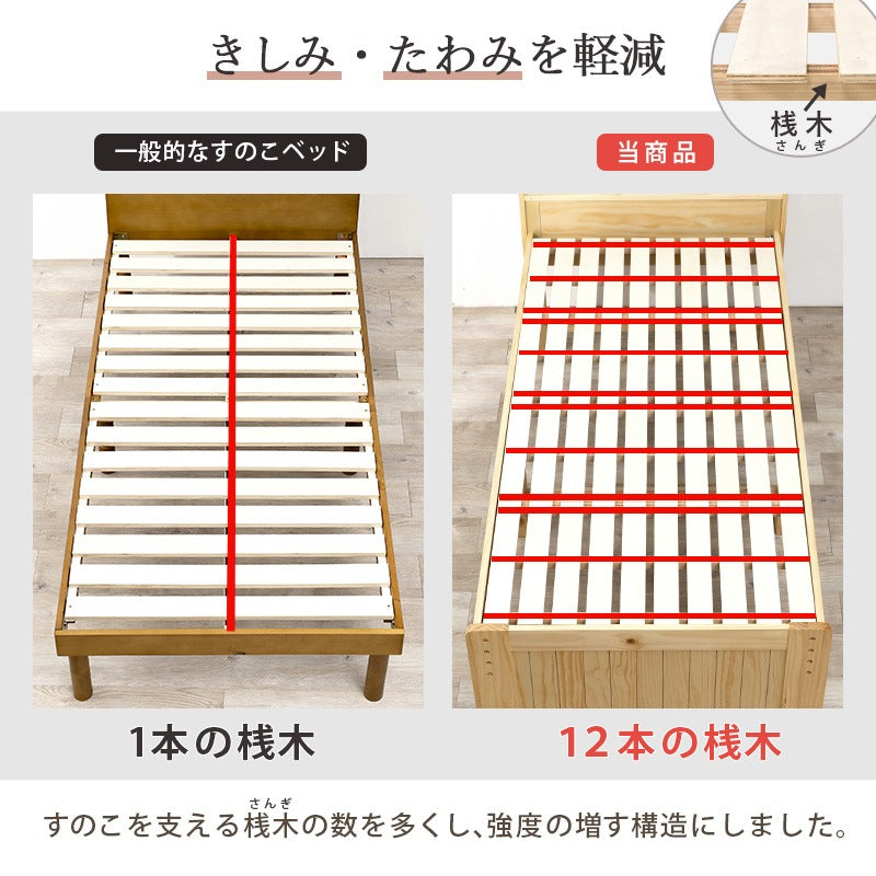 セミダブルベッド 天然木パイン材 ベッドフレーム単品 すのこベッド 高さ調整 コンセント付き 棚付き 収納スペース