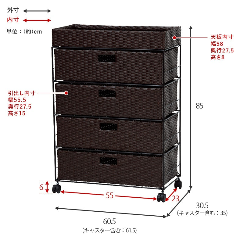ランドリーラック 幅60.5cm 隙間収納 スタンダード 小物入れ 引出し4杯