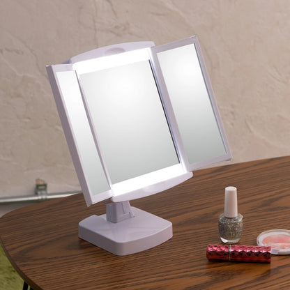 回転式 LED女優ミラー 三面鏡 折りたたみ スタンドミラー 単4電池x3（別売） サイドミラー三倍鏡