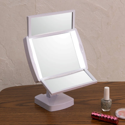回転式 LED女優ミラー 三面鏡 折りたたみ スタンドミラー 単4電池x3（別売） サイドミラー三倍鏡