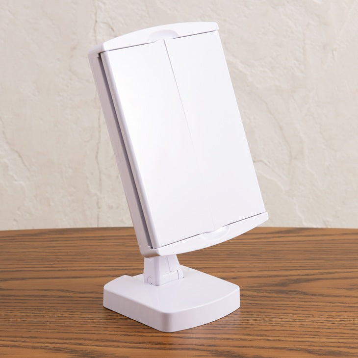 回転式 LED女優ミラー 三面鏡 折りたたみ スタンドミラー 単4電池x3（別売） サイドミラー三倍鏡