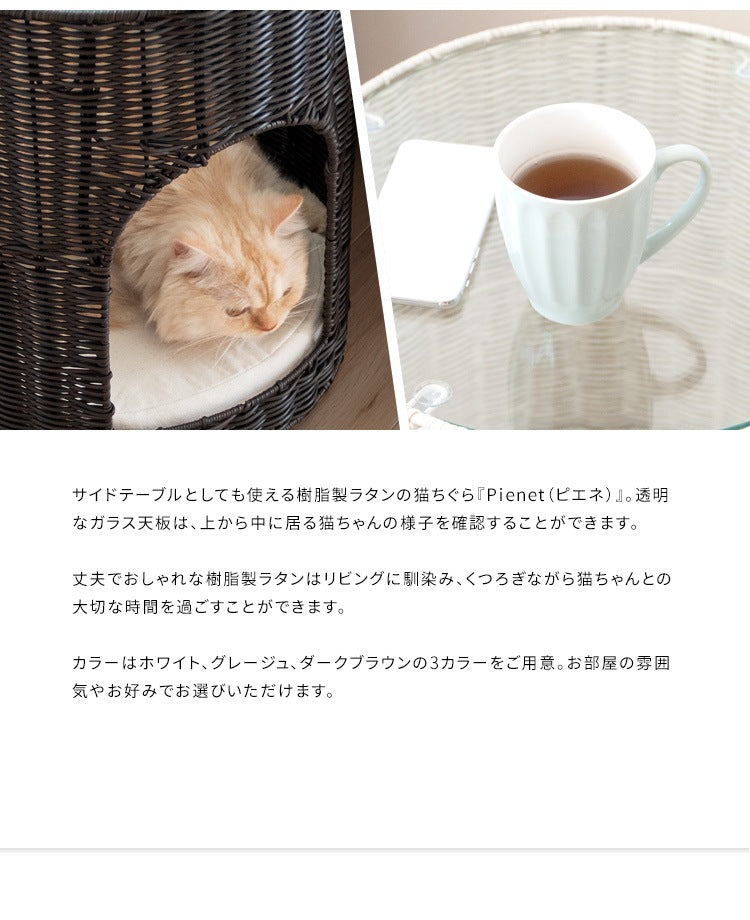 猫が入れる サイドテーブル 猫ちぐら ガラス天板 ラタン 通気性