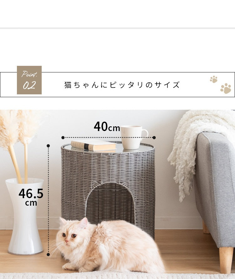 猫が入れる サイドテーブル 猫ちぐら ガラス天板 ラタン 通気性
