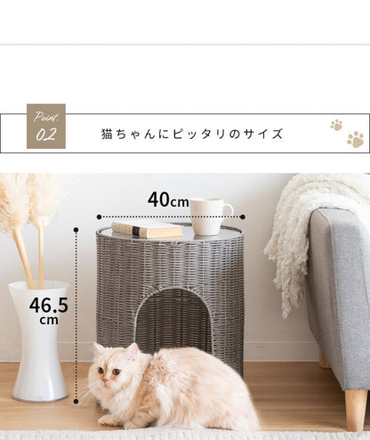 猫が入れる サイドテーブル 猫ちぐら ガラス天板 ラタン 通気性