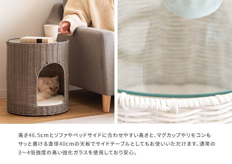 猫が入れる サイドテーブル 猫ちぐら ガラス天板 ラタン 通気性