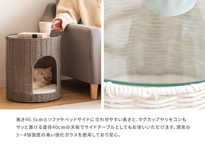 猫が入れる サイドテーブル 猫ちぐら ガラス天板 ラタン 通気性
