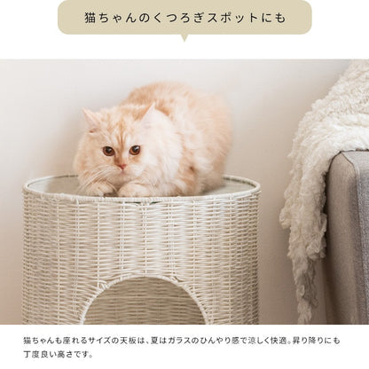 猫が入れる サイドテーブル 猫ちぐら ガラス天板 ラタン 通気性