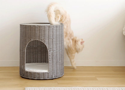 猫が入れる サイドテーブル 猫ちぐら ガラス天板 ラタン 通気性