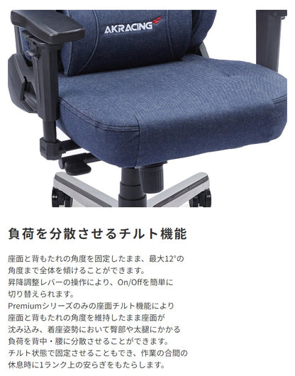 ゲーミングチェア AKRacing プレミアム最上位モデル 岡山県産デニム 180度リクライニング 耐荷重約150kg