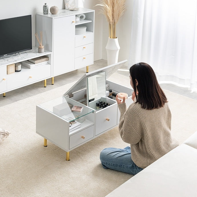 ドレッサーになる2wayローテーブル 幅86cm ロードレッサー 大理石柄 ディスプレイ収納 センターテーブル リビングテーブル