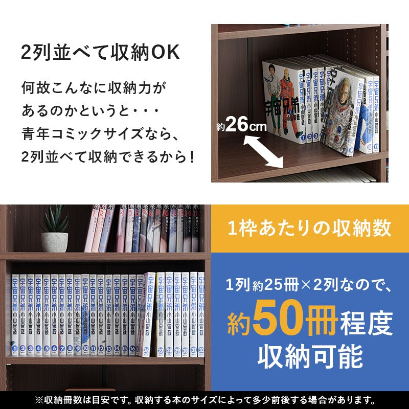 本棚 コミックラック 前後2列で収納可能 カスタム可動棚 ブックシェルフ 幅90cm 高さ188cm 転倒防止プレート