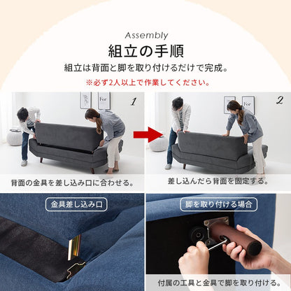 ごろ寝ソファ ゆったり座面 2人掛け 背クッション 幅170cm 脚取り外し ローソファ