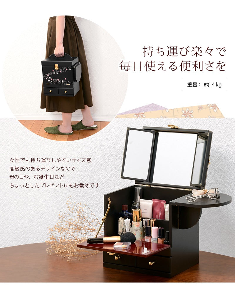 メイクボックス 三面鏡 光沢 バタフライテーブル 引き出し収納 蒔絵調 コスメボックス 持ち運び楽々