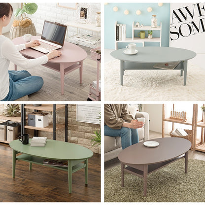 オーバル折りたたみテーブル 幅90cm コンパクト 棚付き 折れ脚 かんたん収納 くすみカラー
