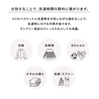 ランドリーワゴン 4BOX 縦型で省スペース 洗濯かご 63x43x97cm バスケット取り外し可能 ランドリー収納ラック