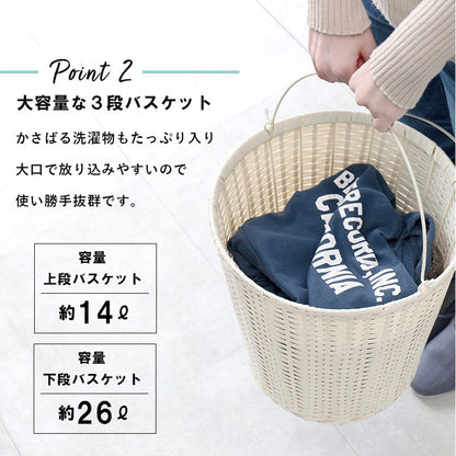 縦型 ランドリーラック ワゴン 幅36.5cm スペースを取らないスリム設計 3段バスケット 洗濯かご