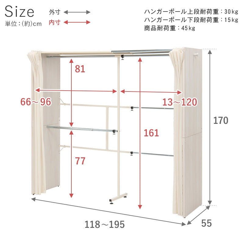 後付けクローゼット 伸縮118-195cm ハンガーラック 目隠しカーテン 大容量 ワードローブ