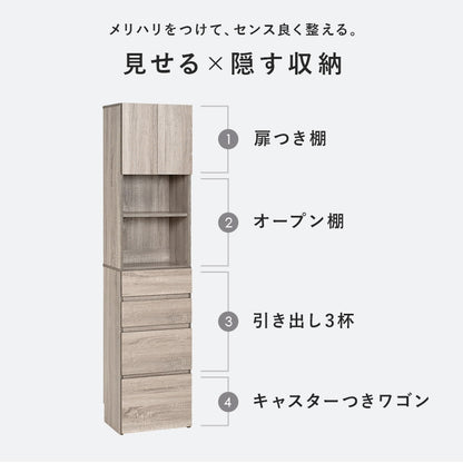 ハイタイプ すきま収納 ワゴン 幅41cm 高さ180cm ランドリー／キッチン／リビング 扉収納 引き出し収納 キャスター移動 スリムチェスト