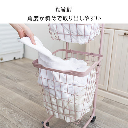 縦型2段ランドリーラック 高さ108cm 角型／丸形 バスケット取り外し可能 洗濯かご