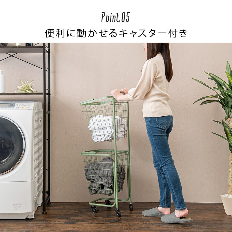 縦型2段ランドリーラック 高さ108cm 角型／丸形 バスケット取り外し可能 洗濯かご