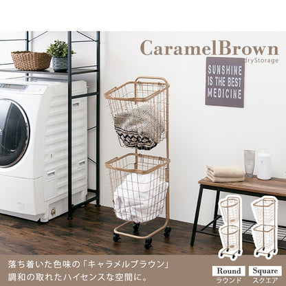 縦型2段ランドリーラック 高さ108cm 角型／丸形 バスケット取り外し可能 洗濯かご