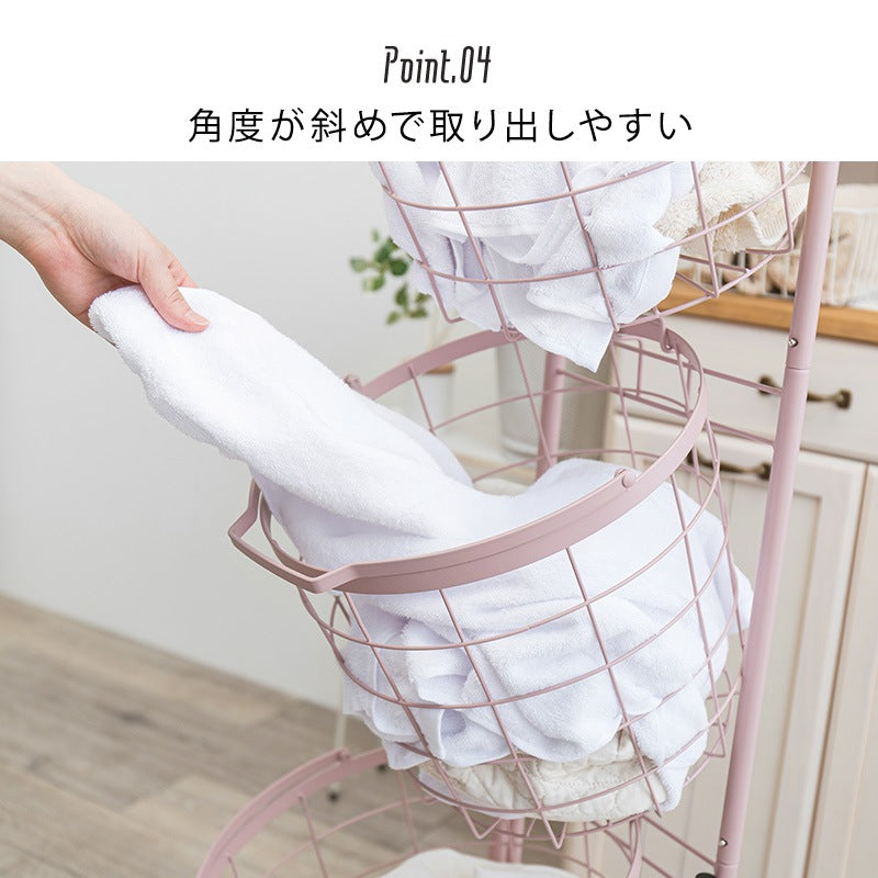縦型3段ランドリーラック 高さ124cm 角型／丸形 バスケット取り外し可能 洗濯かご