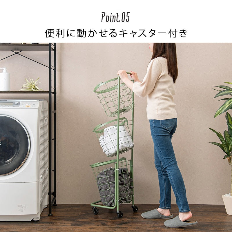 縦型3段ランドリーラック 高さ124cm 角型／丸形 バスケット取り外し可能 洗濯かご