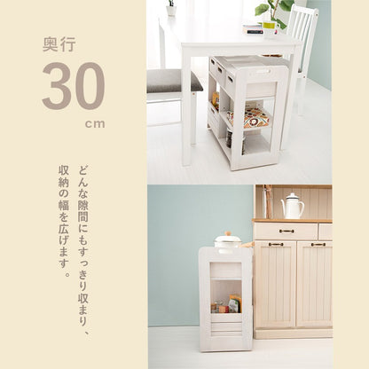 天然木キッチンワゴン 高さ62cm 耐熱タイル 机の下に収納可能 コンパクト 大容量収納 キャスター 完成品