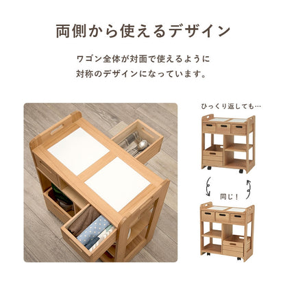 天然木キッチンワゴン 高さ62cm 耐熱タイル 机の下に収納可能 コンパクト 大容量収納 キャスター 完成品