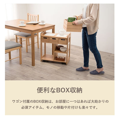 天然木キッチンワゴン 高さ62cm 耐熱タイル 机の下に収納可能 コンパクト 大容量収納 キャスター 完成品