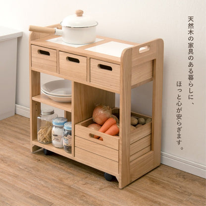 天然木キッチンワゴン 高さ62cm 耐熱タイル 机の下に収納可能 コンパクト 大容量収納 キャスター 完成品
