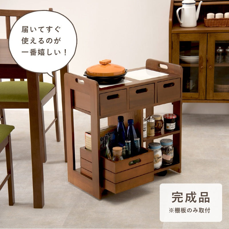 天然木キッチンワゴン 高さ62cm 耐熱タイル 机の下に収納可能 コンパクト 大容量収納 キャスター 完成品