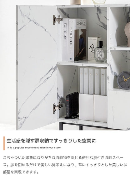 大理石柄キャビネット 幅72cm スタイリッシュ 扉収納 オープン収納 コード穴 ルーター収納 ミドルボード ノイズレスデザイン