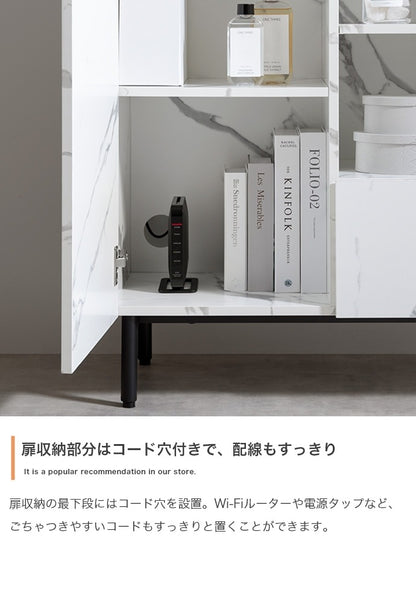 大理石柄キャビネット 幅72cm スタイリッシュ 扉収納 オープン収納 コード穴 ルーター収納 ミドルボード ノイズレスデザイン