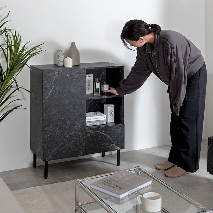 大理石柄キャビネット 幅72cm スタイリッシュ 扉収納 オープン収納 コード穴 ルーター収納 ミドルボード ノイズレスデザイン