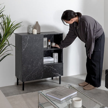 大理石柄キャビネット 幅72cm スタイリッシュ 扉収納 オープン収納 コード穴 ルーター収納 ミドルボード ノイズレスデザイン