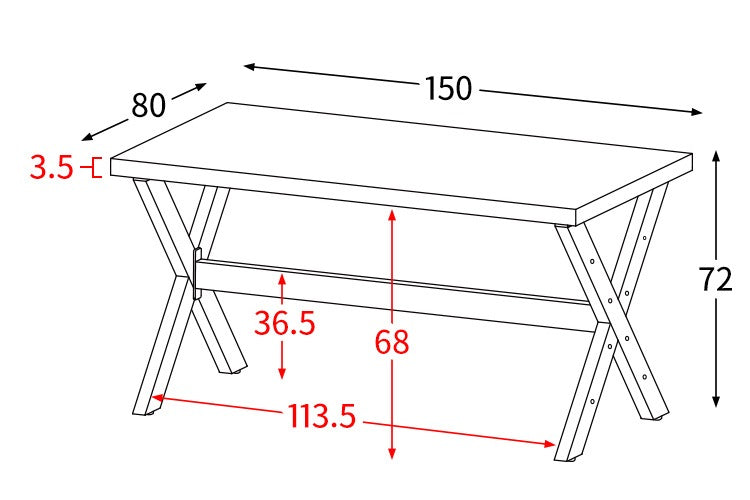 クロスフレーム ダイニングテーブル 150x80cm インダストリアル 天然木 ガタつき防止アジャスター
