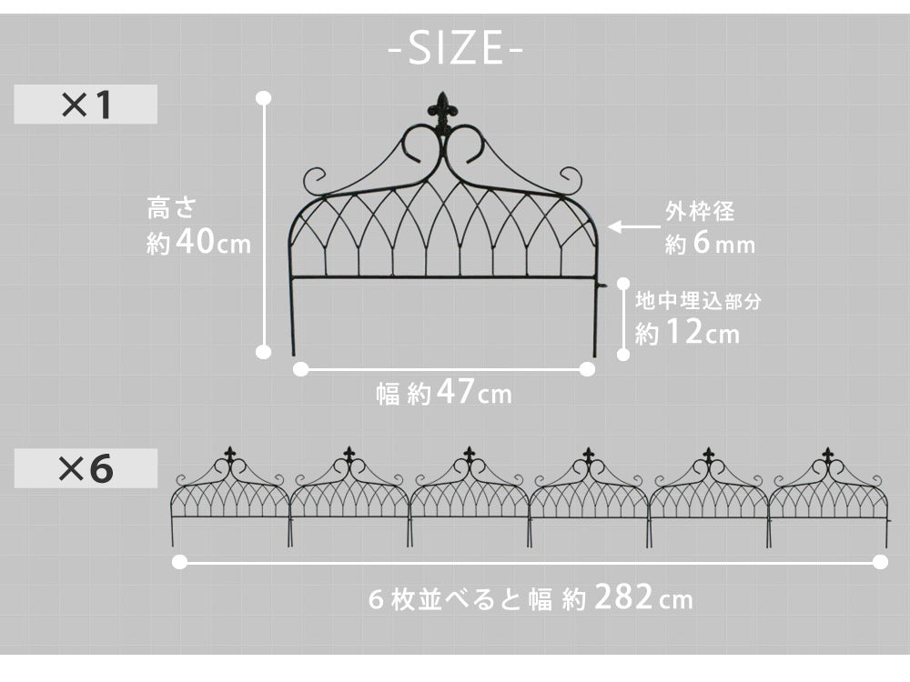 アイアン製フェンス ミニタイプ 6枚セット 1枚あたり幅47cm ガーデニング 園芸 高耐久