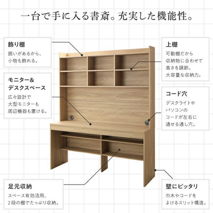 ハイタイプ薄型デスク 幅150cm 本棚 モニター設置可能 コードスリット 大容量収納