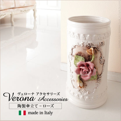 イタリア直輸入 陶器 傘立て ローズ 円柱 ハンドペイント Verona Classic エレガント装飾