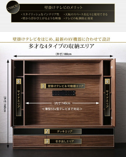 壁掛け機能付き ハイタイプ テレビボード 大容量収納 スタイリッシュ 55インチまで対応 ダークグレー強化ガラス 木目
