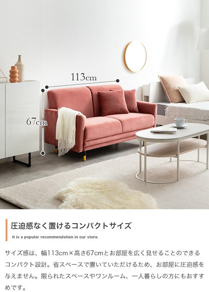 2人掛けコンパクトベロア生地ソファ 幅113cm ブラック x ゴールド脚 クッション付き