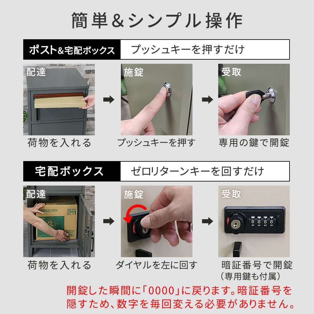 大容量 ポスト一体型 宅配BOX ゼロリターンキー 雨や錆に強い ガタつき防止 アンカー／ワイヤー 印鑑ケース