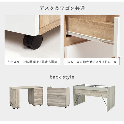 システムベッド （シングルベッド + デスク + ワゴン 3点セット） ベッド下スペース活用 ミドルタイプで高さ安全 キャスター移動