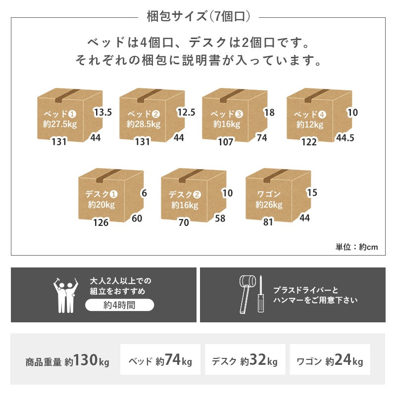 システムベッド （シングルベッド + デスク + ワゴン 3点セット） ベッド下スペース活用 ミドルタイプで高さ安全 キャスター移動
