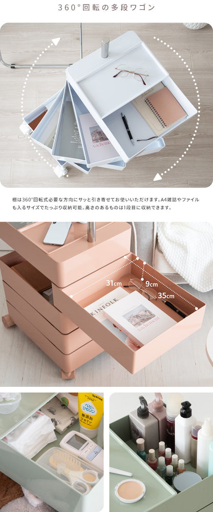 多段トローリーワゴン 360度回転 ベビーワゴン コスメワゴン 完成品 キャスター移動