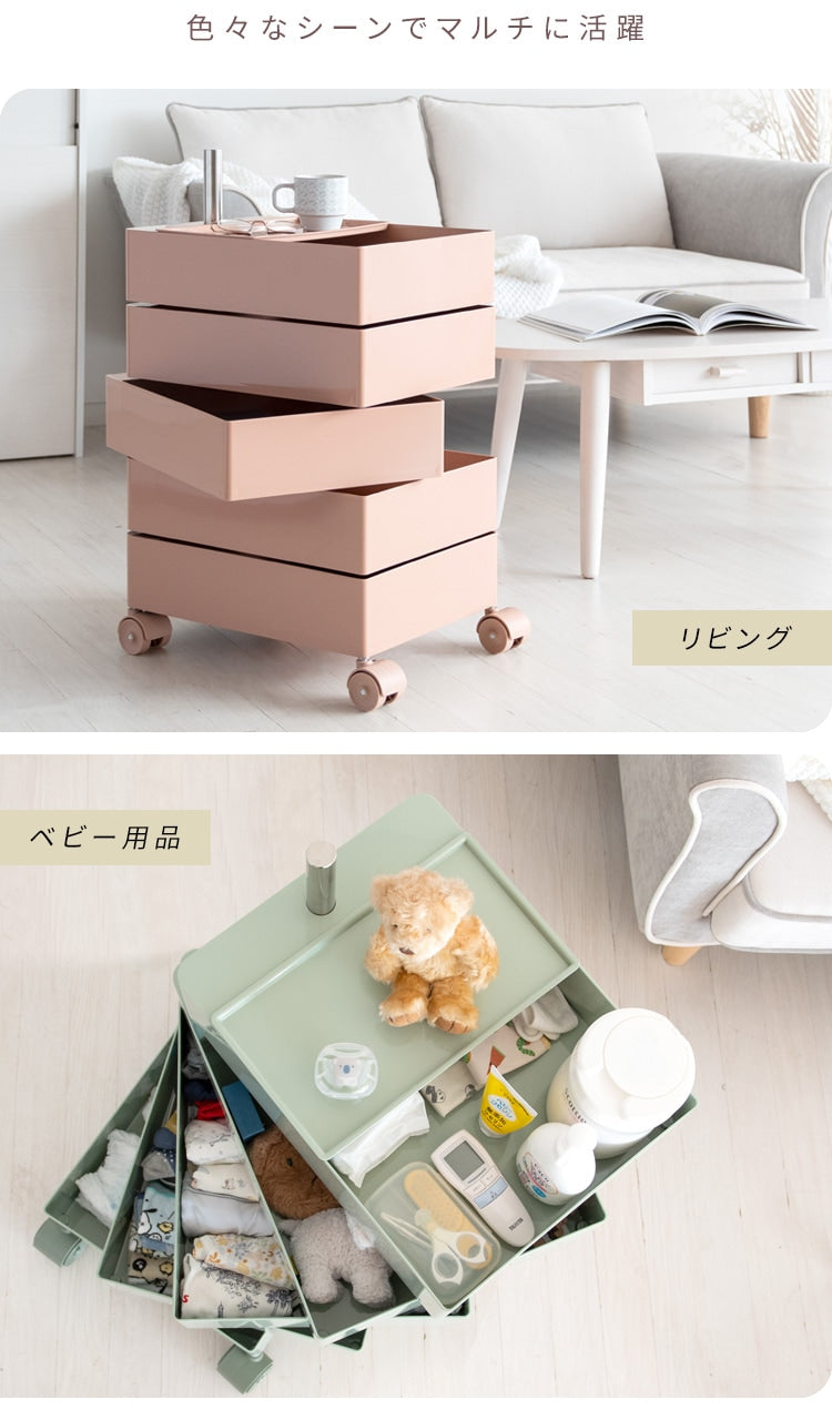 多段トローリーワゴン 360度回転 ベビーワゴン コスメワゴン 完成品 キャスター移動