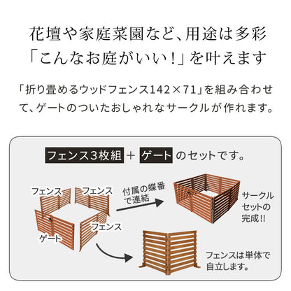 折り畳めるウッドフェンス ゲート付サークルセット（合計4面） 横ボーダー