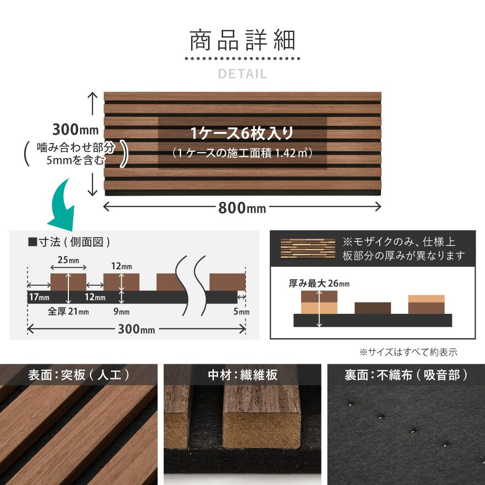 かんたん施工 ウォールパネル 吸音パネル 防音 ブラウン DIY 6枚セット（1枚あたり80x30cm）