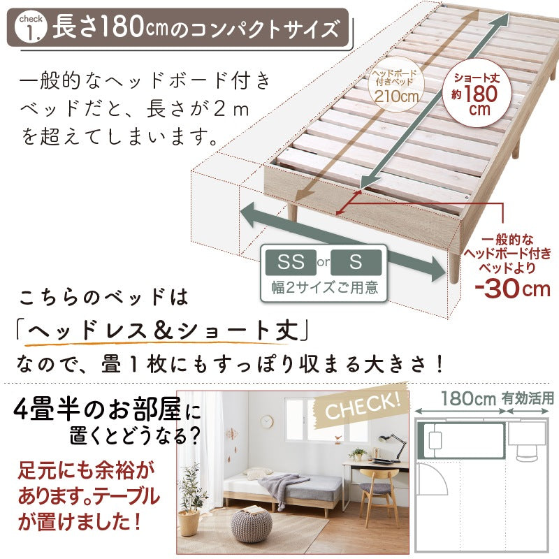 ショート丈 コンパクトベッド S／SS マットレスセット 2種 シンプル極厚すのこ 組立かんたん 専用敷パッド+ボックスシーツ選択可能